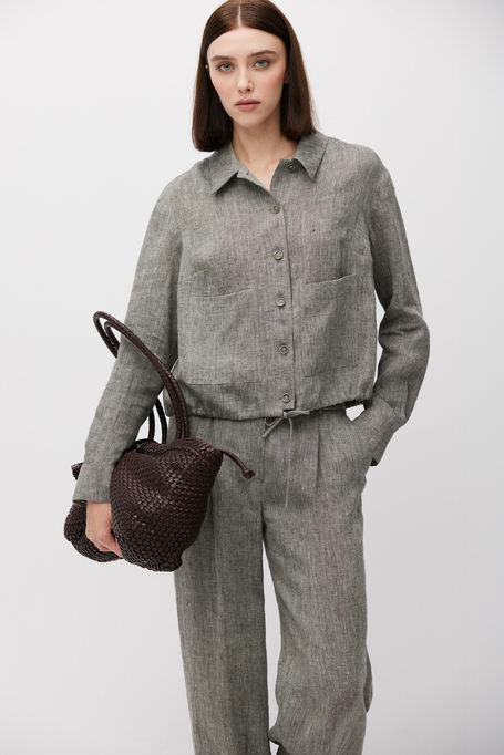 Krótki szary żakiet z lnu do garnituru damski - Patrizia Aryton