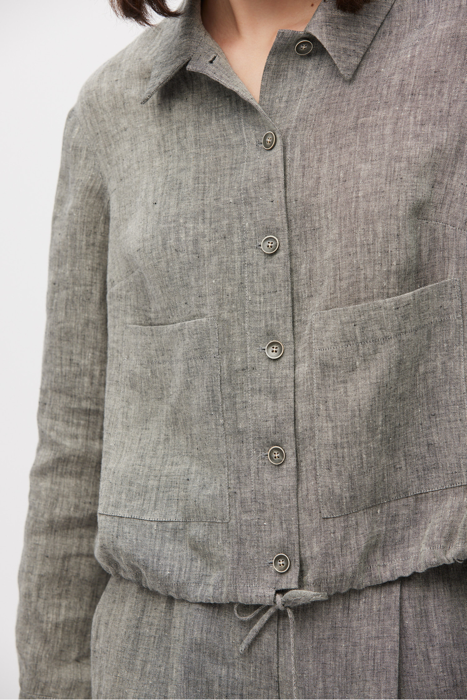 Krótki szary żakiet z lnu do garnituru damski - Patrizia Aryton Krótki szary żakiet z lnu do garnituru damski - Patrizia Aryton