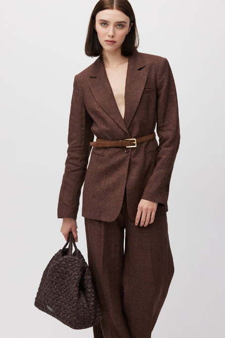 Brązowy lniany żakiet do garnituru damski - Patrizia Aryton