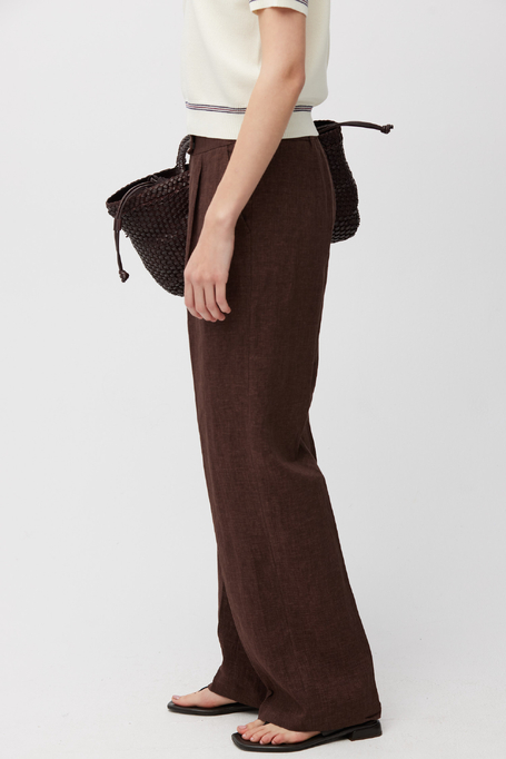 Brązowe lniane spodnie do garnituru z szeroką nogawką damskie - Patrizia Aryton