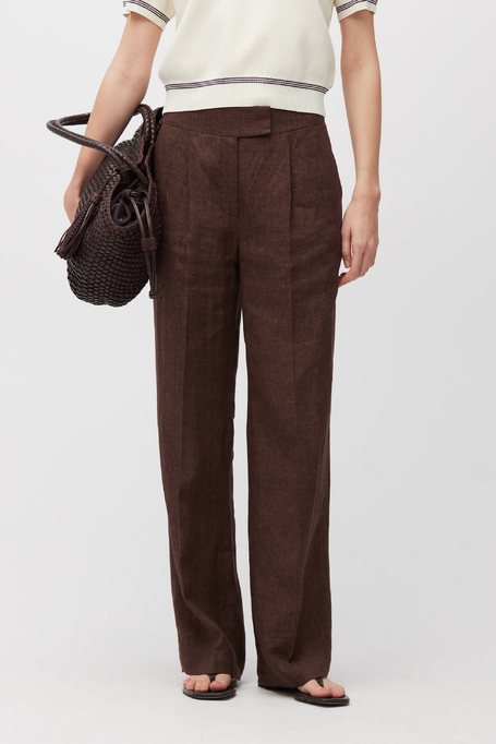 Brązowe lniane spodnie do garnituru z szeroką nogawką damskie - Patrizia Aryton
