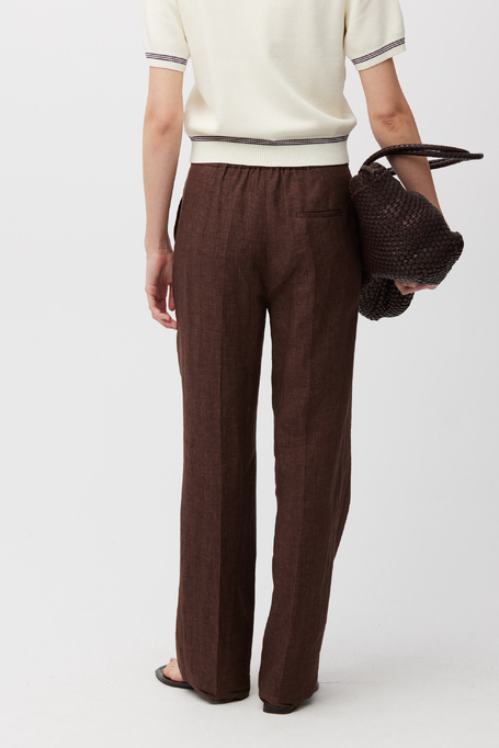 Brązowe lniane spodnie do garnituru z szeroką nogawką damskie - Patrizia Aryton