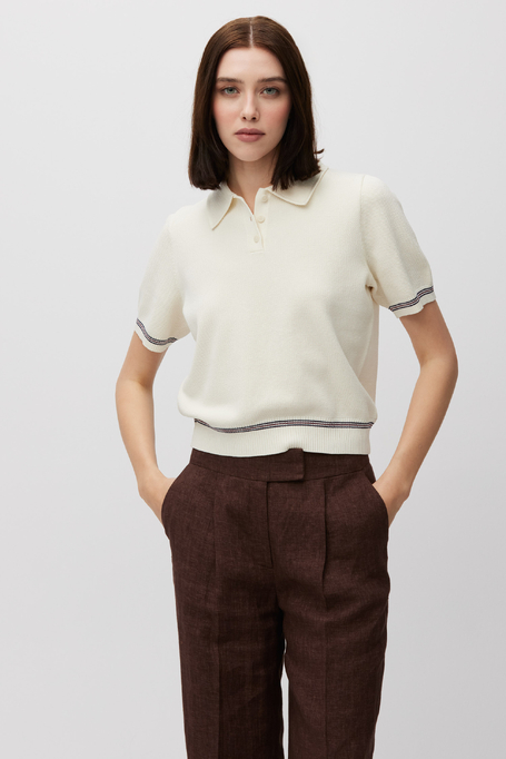 Śmietankowa bluzka bawełniana z kołnierzem polo damska - Patrizia Aryton