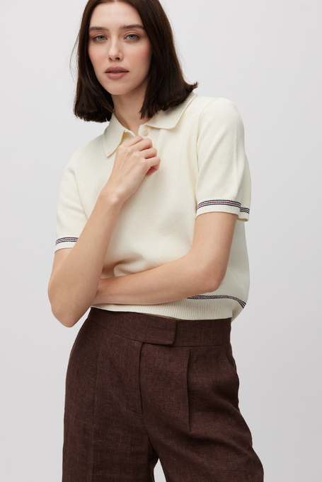 Śmietankowa bluzka bawełniana z kołnierzem polo damska - Patrizia Aryton