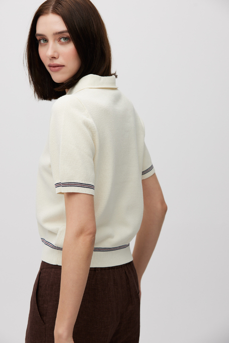 Śmietankowa bluzka bawełniana z kołnierzem polo damska - Patrizia Aryton