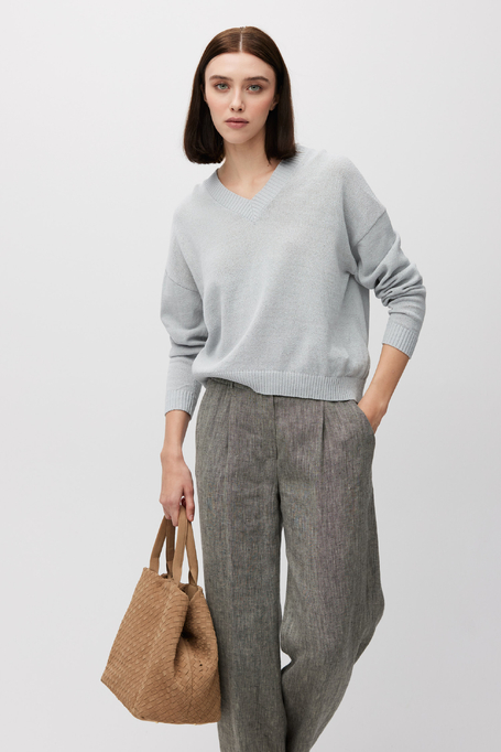 Błękitny bawełniano-lniany sweter z dekoltem w szpic damski - Patrizia Aryton