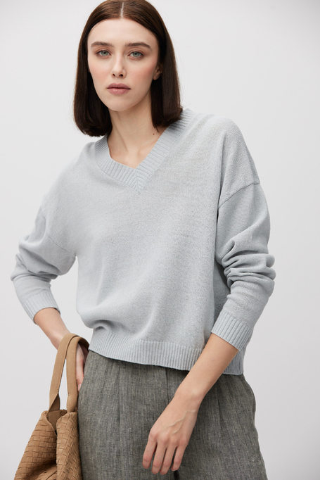 Błękitny bawełniano-lniany sweter z dekoltem w szpic damski - Patrizia Aryton