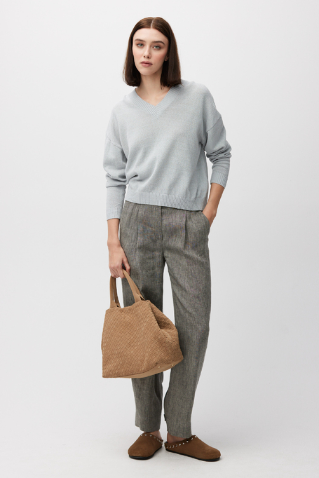 Błękitny bawełniano-lniany sweter z dekoltem w szpic damski - Patrizia Aryton