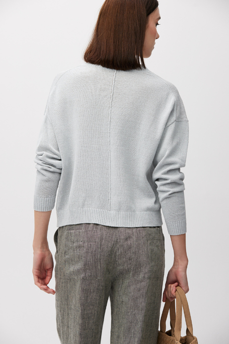 Błękitny bawełniano-lniany sweter z dekoltem w szpic damski - Patrizia Aryton