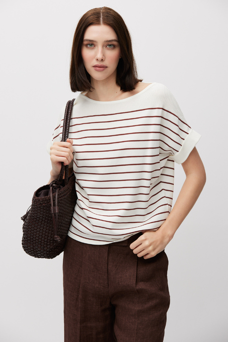 Biała bluzka w brązowe paski z krótkim rękawem damska - Patrizia Aryton
