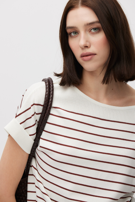 Biała bluzka w brązowe paski z krótkim rękawem damska - Patrizia Aryton