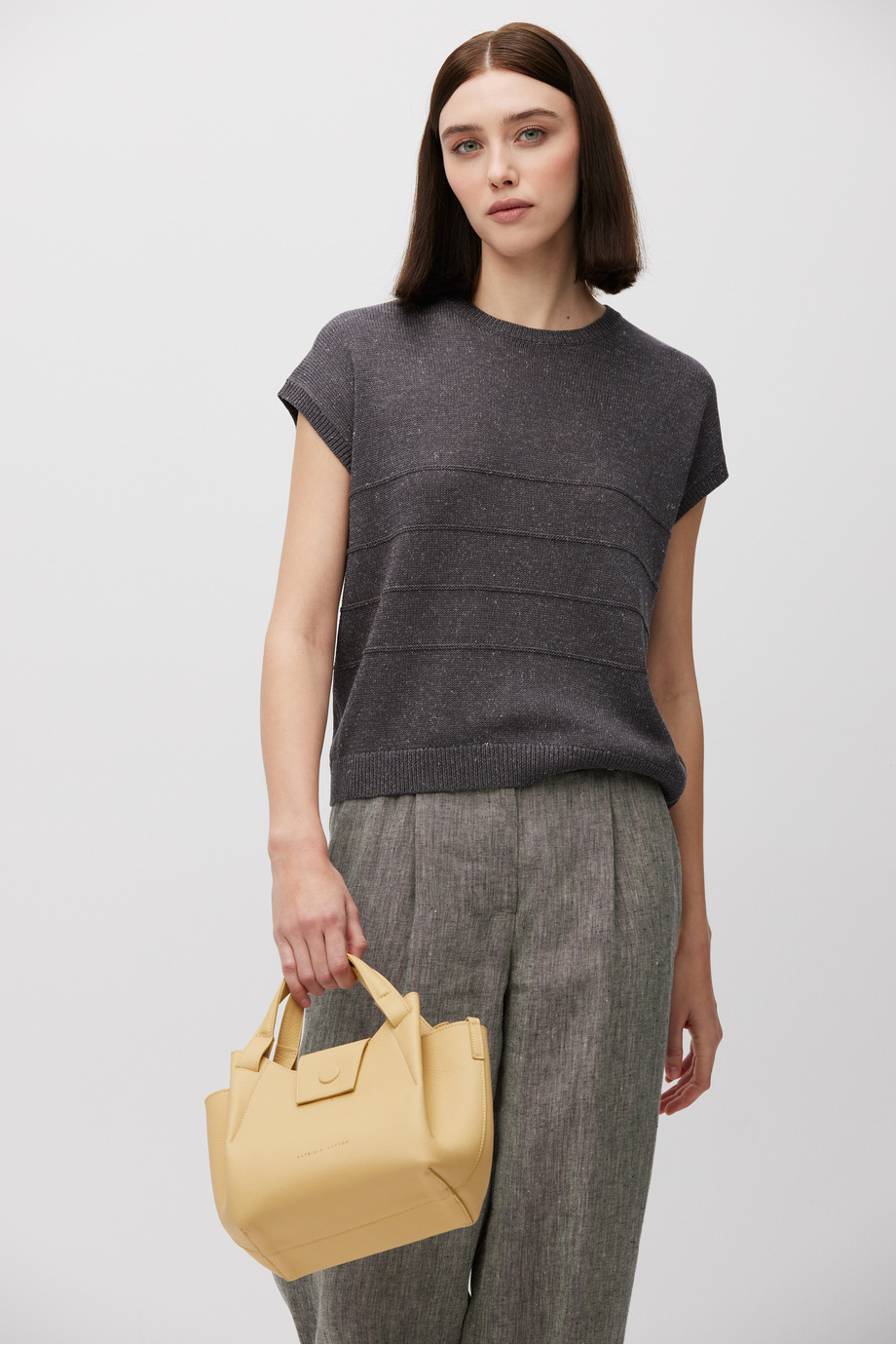 Szary sweter z krótki rękawem z lnu i lyocellu damski - Patrizia Aryton Szary sweter z krótki rękawem z lnu i lyocellu damski - Patrizia Aryton