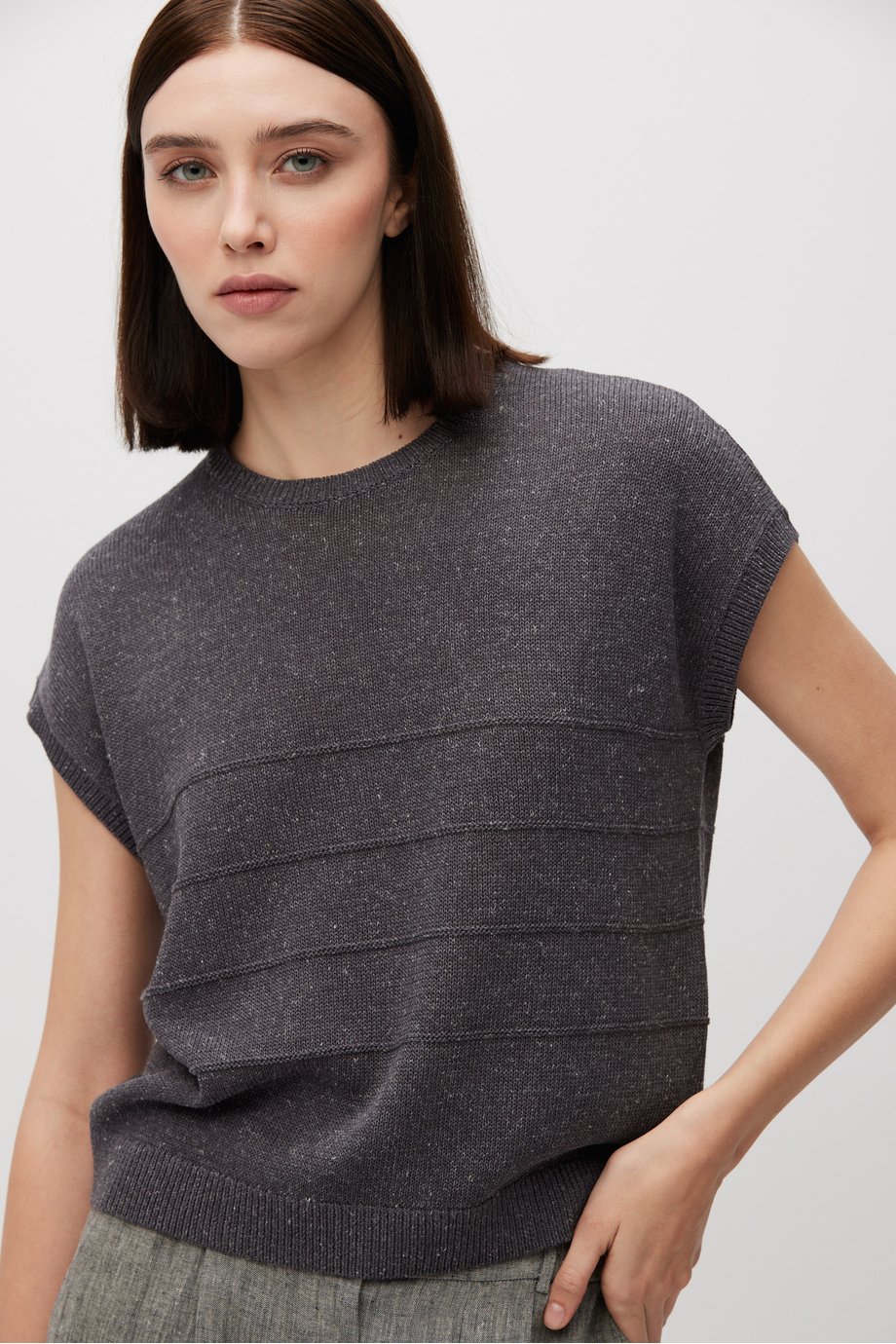 Szary sweter z krótki rękawem z lnu i lyocellu damski - Patrizia Aryton Szary sweter z krótki rękawem z lnu i lyocellu damski - Patrizia Aryton
