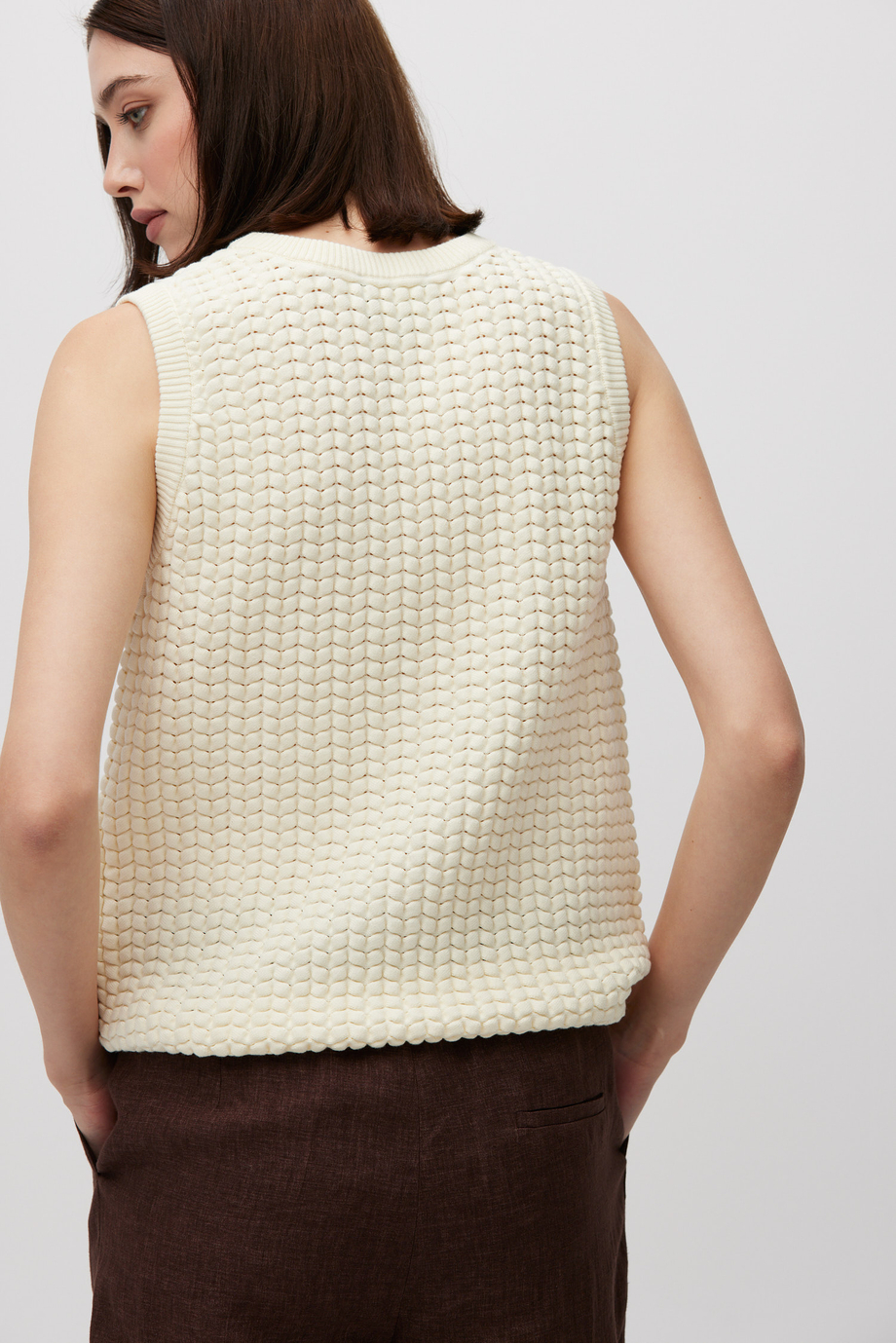 Śmietankowy dzianinowy top z bawełny damski - Patrizia Aryton Śmietankowy dzianinowy top z bawełny damski - Patrizia Aryton