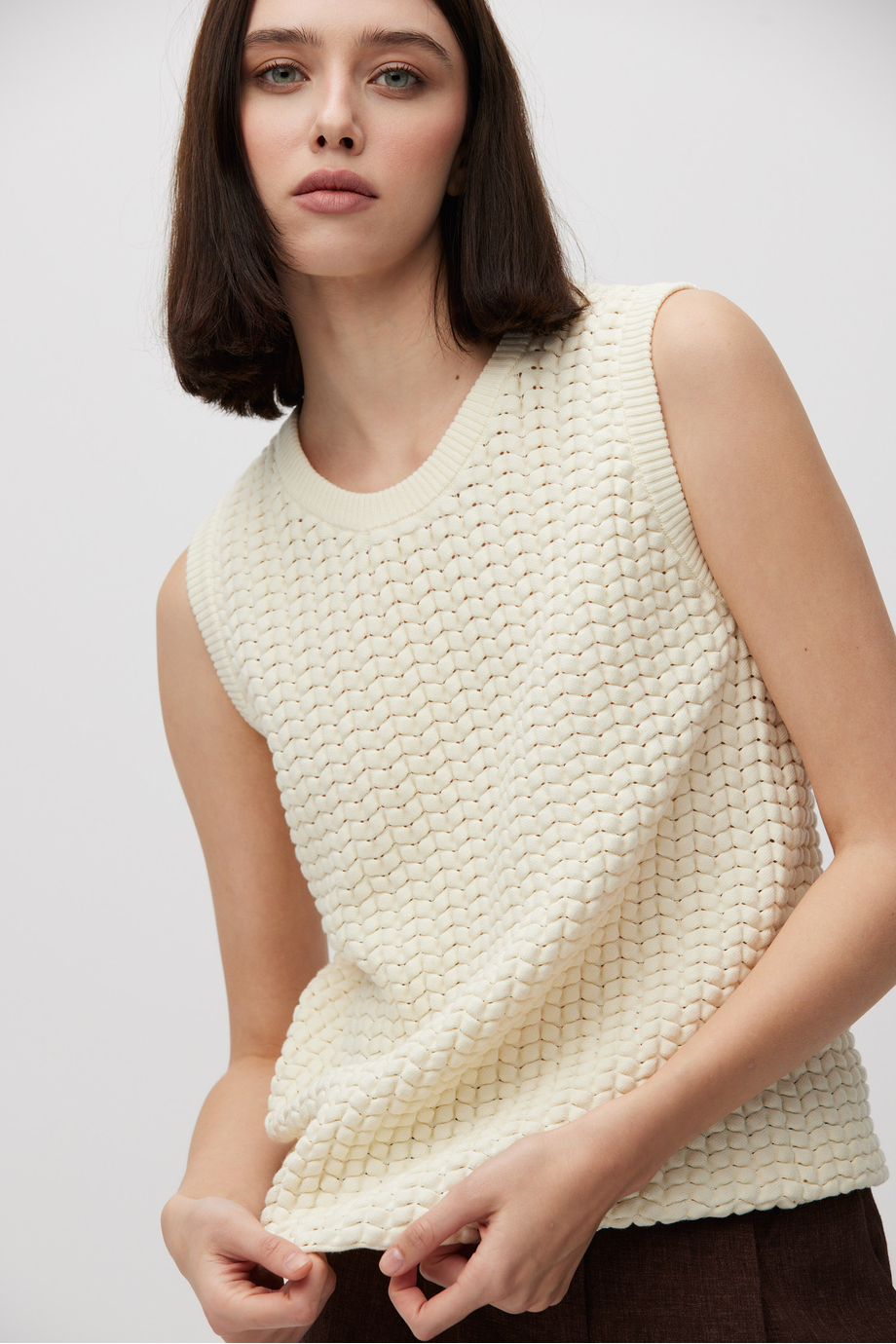 Śmietankowy dzianinowy top z bawełny damski - Patrizia Aryton Śmietankowy dzianinowy top z bawełny damski - Patrizia Aryton