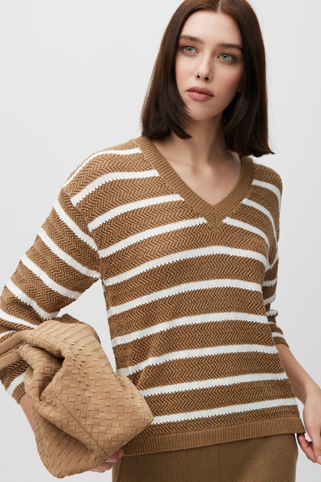 Bawełniany beżowy sweter w paski damski - Patrizia Aryton