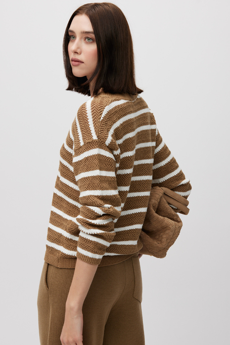 Bawełniany beżowy sweter w paski damski - Patrizia Aryton
