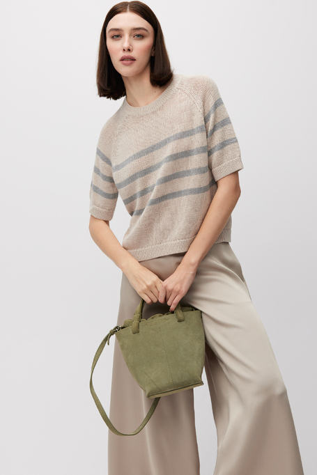 Lniany beżowy sweter w szare paski damski - Patrizia Aryton