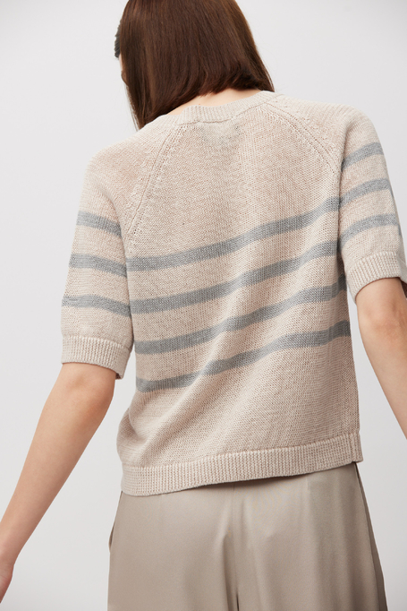Lniany beżowy sweter w szare paski damski - Patrizia Aryton