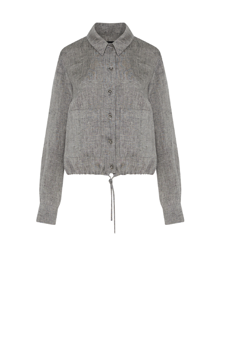 Krótki szary żakiet z lnu do garnituru damski - Patrizia Aryton Krótki szary żakiet z lnu do garnituru damski - Patrizia Aryton