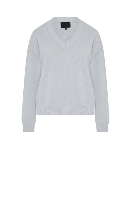 Błękitny bawełniano-lniany sweter z dekoltem w szpic damski - Patrizia Aryton