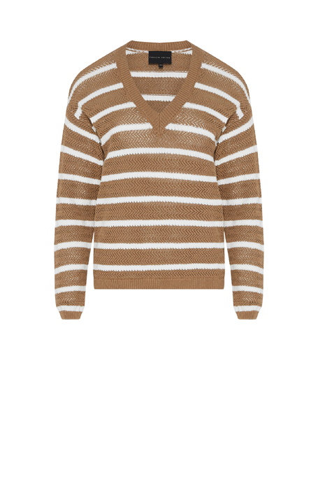 Bawełniany beżowy sweter w paski damski - Patrizia Aryton