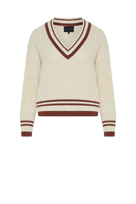 Beżowy sweter z dekoltem w szpic z bawełną i lnem damski - Patrizia Aryton