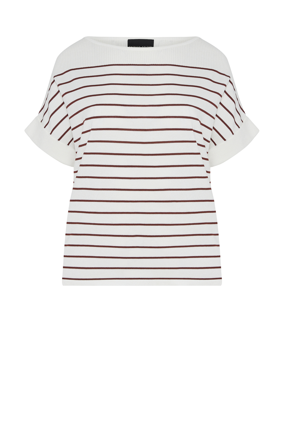 Biała bluzka w brązowe paski z krótkim rękawem damska - Patrizia Aryton Biała bluzka w brązowe paski z krótkim rękawem damska - Patrizia Aryton