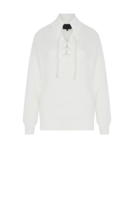 Biały ażurowy sweter bawełniany z wiązaniem damski - Patrizia Aryton