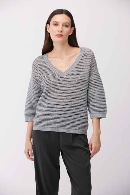 Szary sweter dekolt w szpic z bawełną i lnem Szary sweter dekolt w szpic z bawełną i lnem