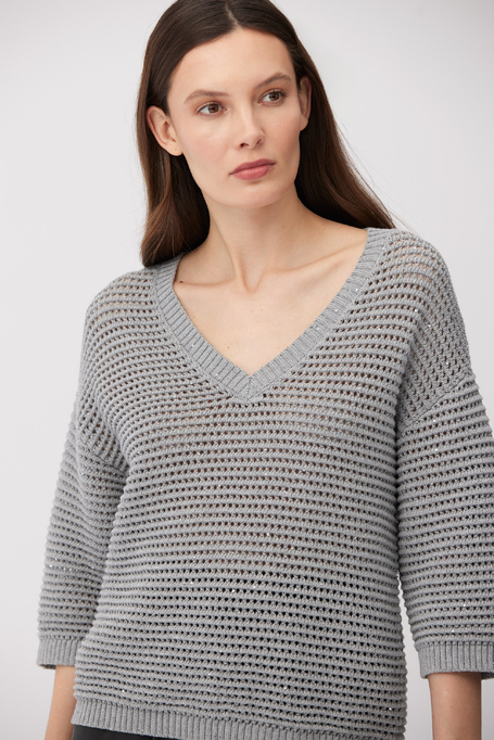 Szary sweter dekolt w szpic z bawełną i lnem Szary sweter dekolt w szpic z bawełną i lnem