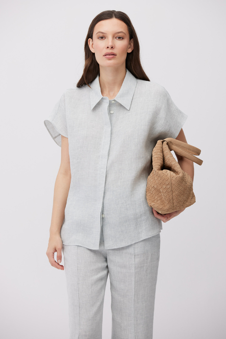 Błękitna lniana koszula z krótkim rękawem damska - Patrizia Aryton