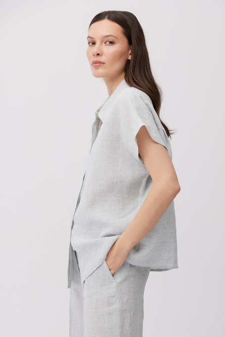 Błękitna lniana koszula z krótkim rękawem damska - Patrizia Aryton