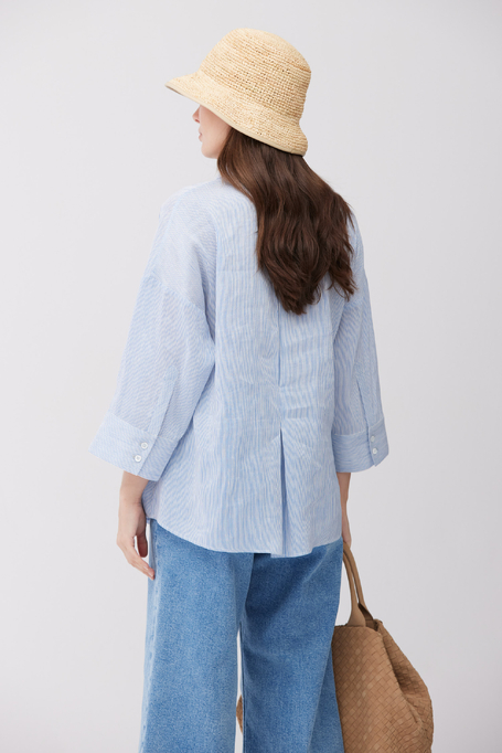 Biała koszula w niebieskie paski z lnem i jedwabiem damska - Patrizia Aryton