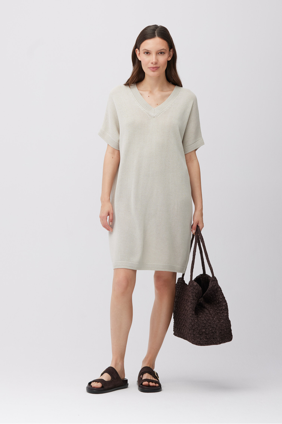 Luźna beżowa sukienka z mieszanki lnu i lyocellu - Patrizia Aryton Luźna beżowa sukienka z mieszanki lnu i lyocellu - Patrizia Aryton