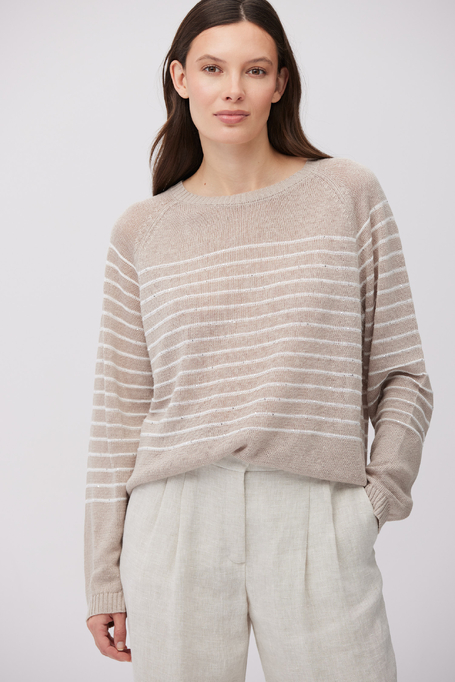 Lniany beżowy sweter w białe paski damski - Patrizia Aryton