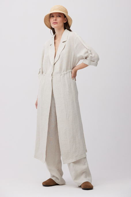 Długi beżowy żakiet z lnu damski - Patrizia Aryton