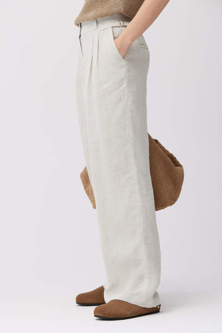 Szerokie beżowe spodnie z lnu damskie - Patrizia Aryton