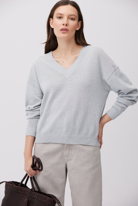 Błękitny bawełniano-lniany sweter z dekoltem w szpic damski - Patrizia Aryton