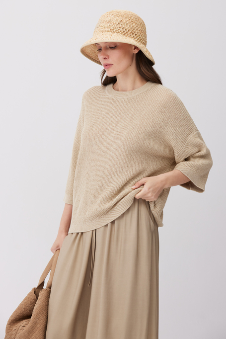 Luźny beżowy sweter z bawełną i lnem damski - Patrizia Aryton