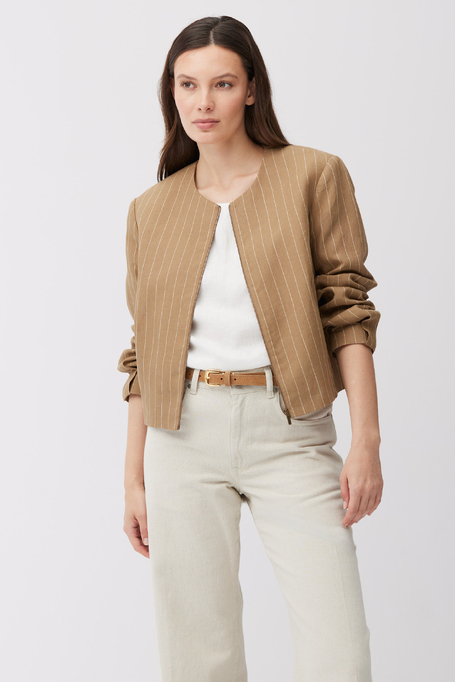 Pudełkowy camelowy żakiet w tenis z lnu damski - Patrizia Aryton