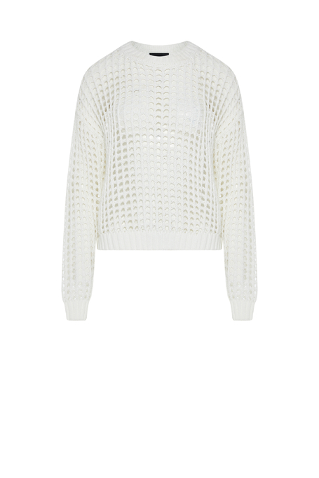 Ażurowy sweter off white z bawełny damski - Patrizia Aryton