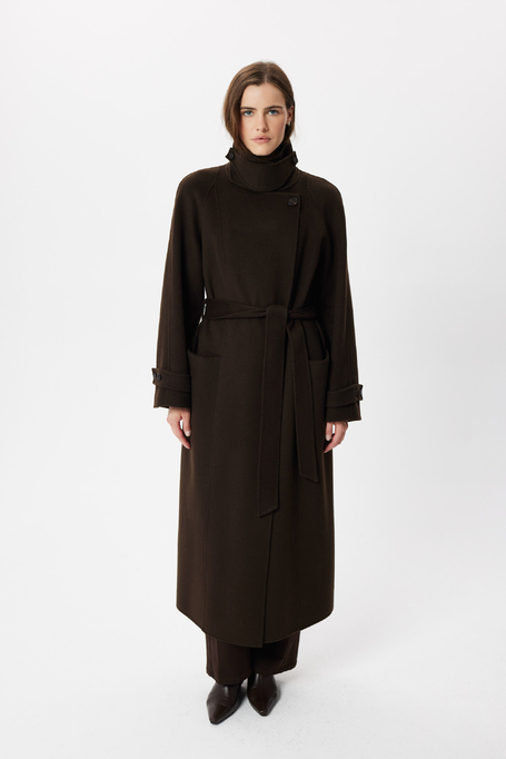 Czekoladowy trench z jedwabiem doubleface damski - Patrizia Aryton