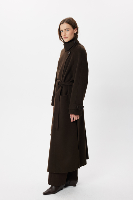Czekoladowy trench z jedwabiem doubleface damski - Patrizia Aryton