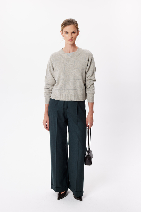 Sweter taupe w kratę z wełny merynosowej