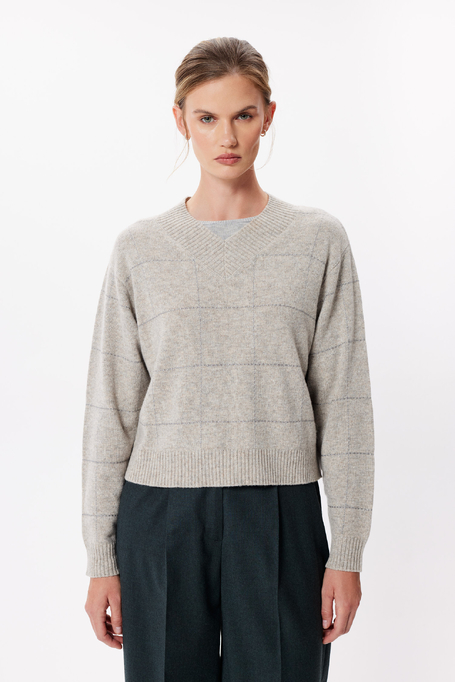 Sweter taupe w kratę z wełny merynosowej