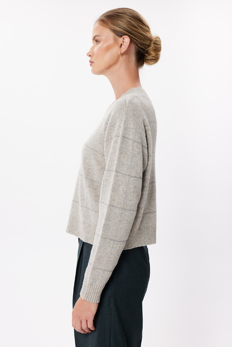 Sweter taupe w kratę z wełny merynosowej