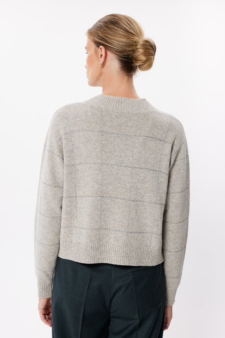 Sweter taupe w kratę z wełny merynosowej