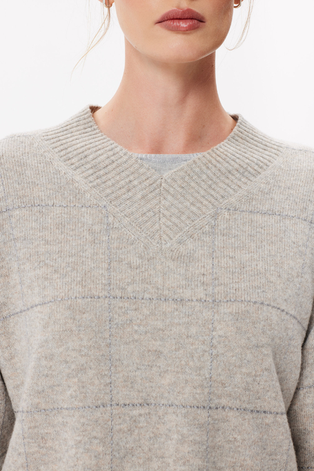 Sweter taupe w kratę z wełny merynosowej