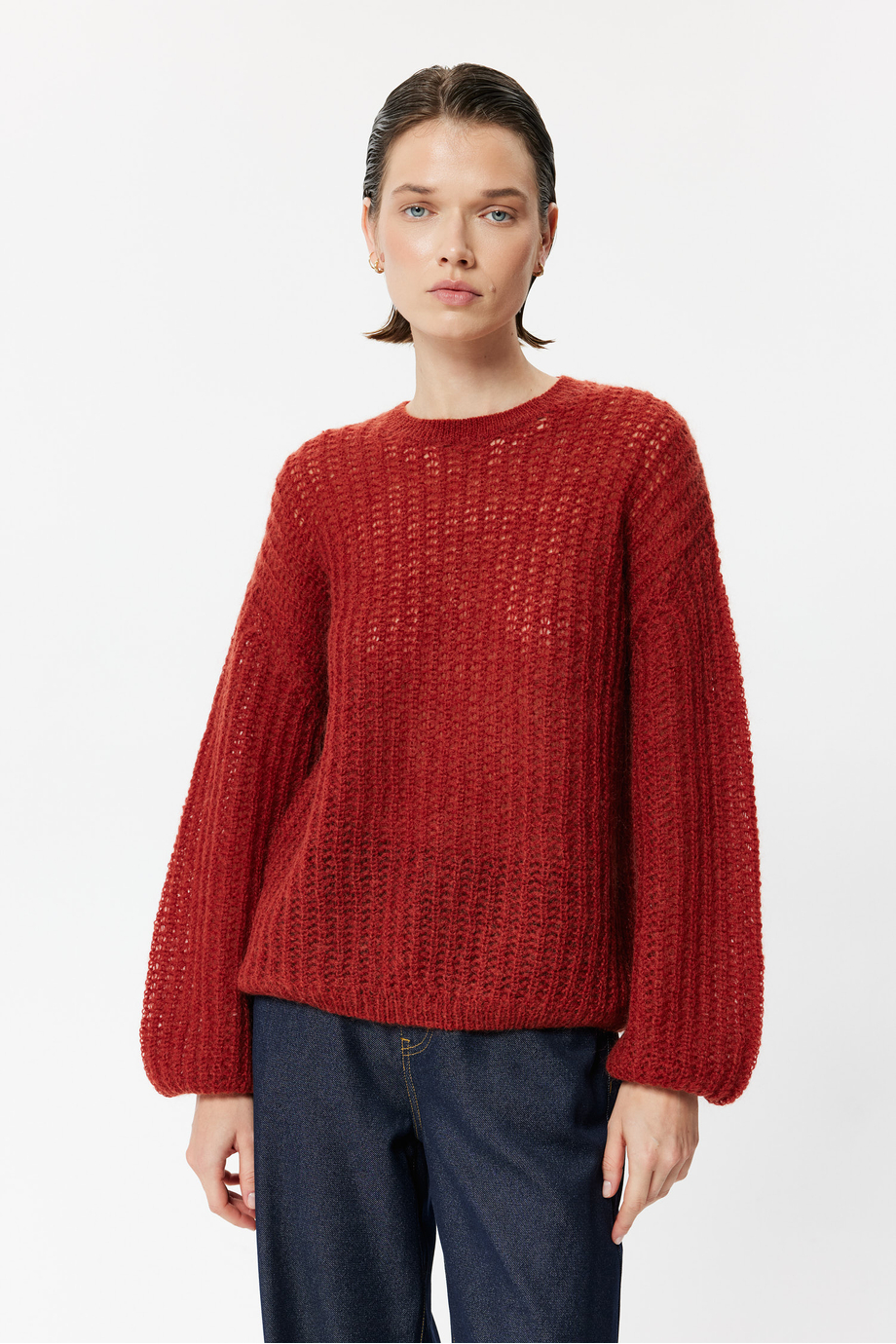 Ceglany dzianinowy sweter z moherem damski - Patrizia Aryton Ceglany dzianinowy sweter z moherem damski - Patrizia Aryton